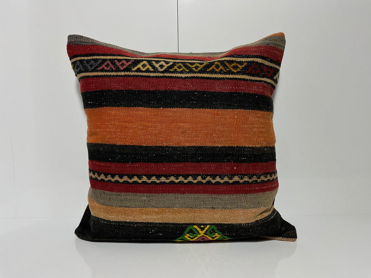 Black kilim pillow with striped design, handmade in Turkey – EE00189.