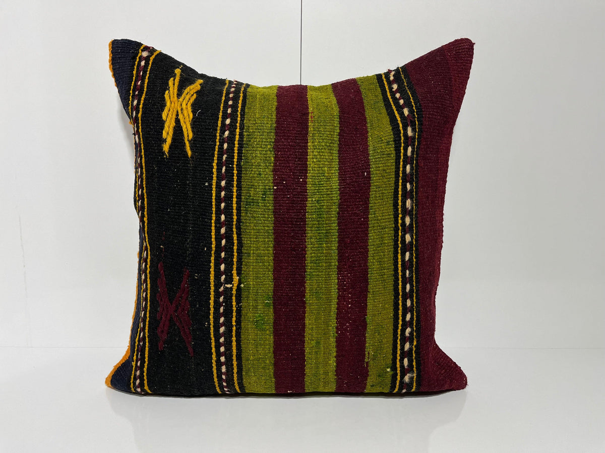 Black kilim pillow with striped design, handmade in Turkey – EE00295.