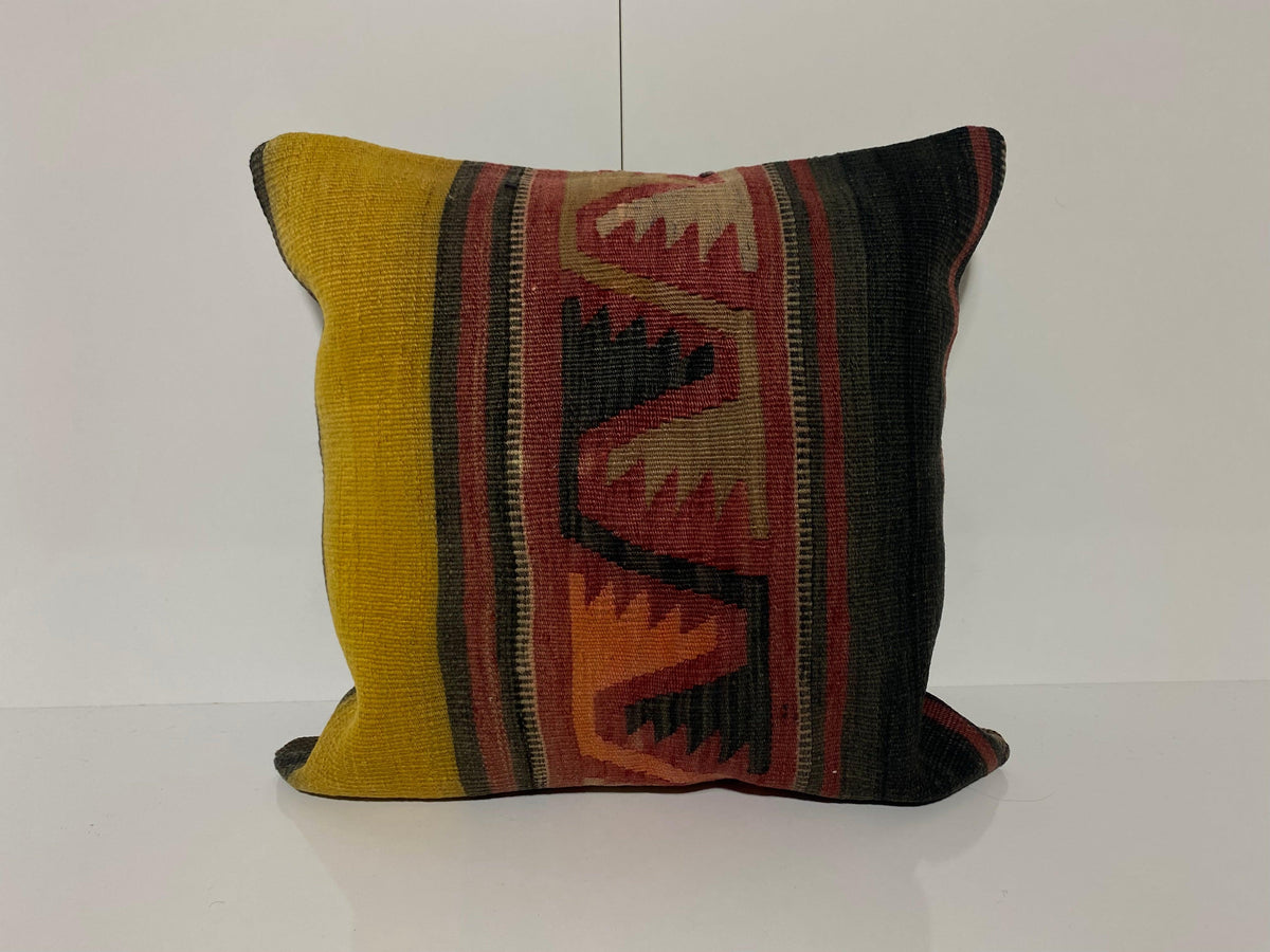 Black kilim pillow with traditional design, handmade in Turkey – KK00240.