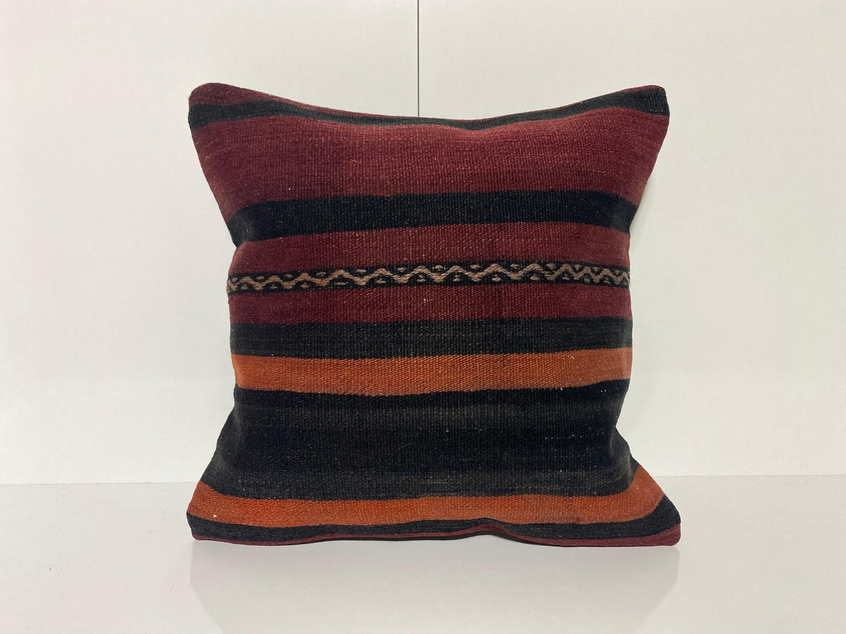 Black kilim pillow with striped design, handmade in Turkey – KK00259.