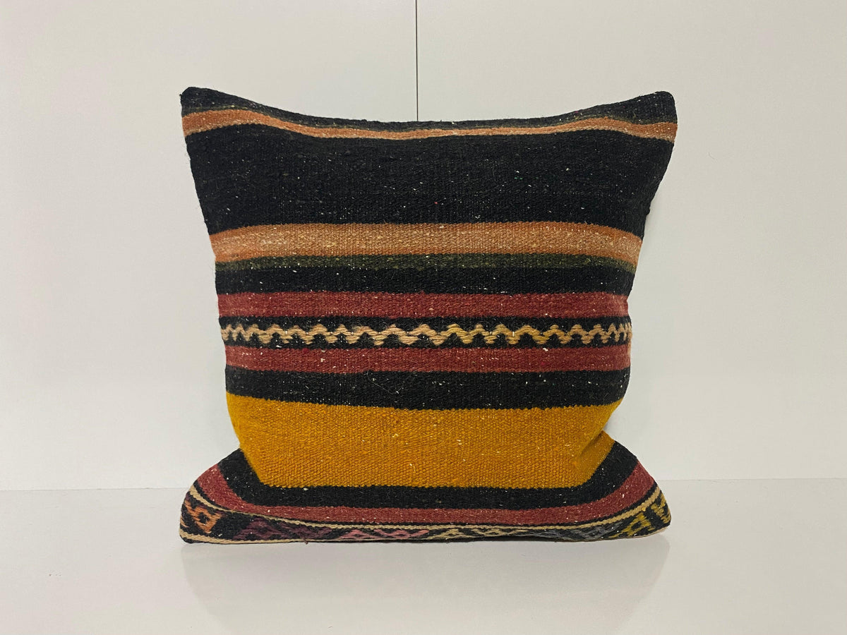 Black kilim pillow with striped design, handmade in Turkey – KK00264.