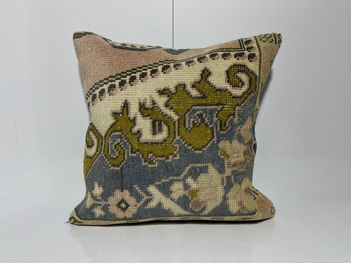 Blue kilim pillow with geometric design, handmade in Turkey – EE00300.