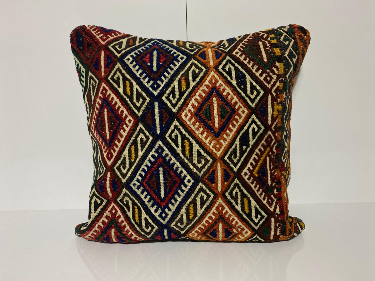 Blue kilim pillow with geometric design, handmade in Turkey – KK00252.