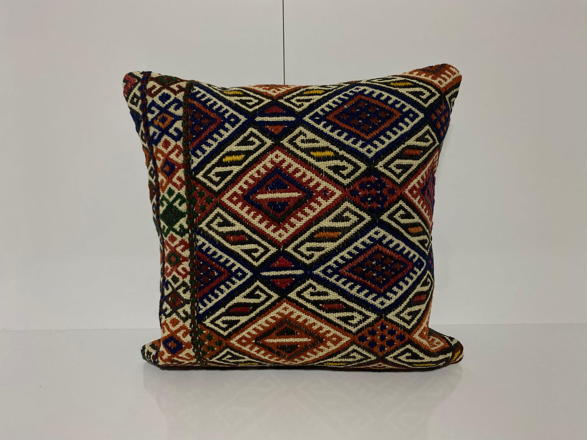 Blue kilim pillow with geometric design, handmade in Turkey – KK00263.
