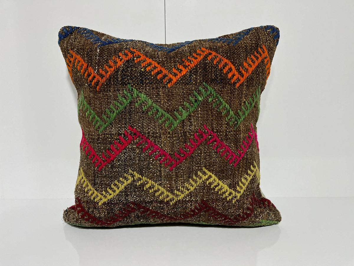 Brown kilim pillow with traditional design, handmade in Turkey – EE00180.