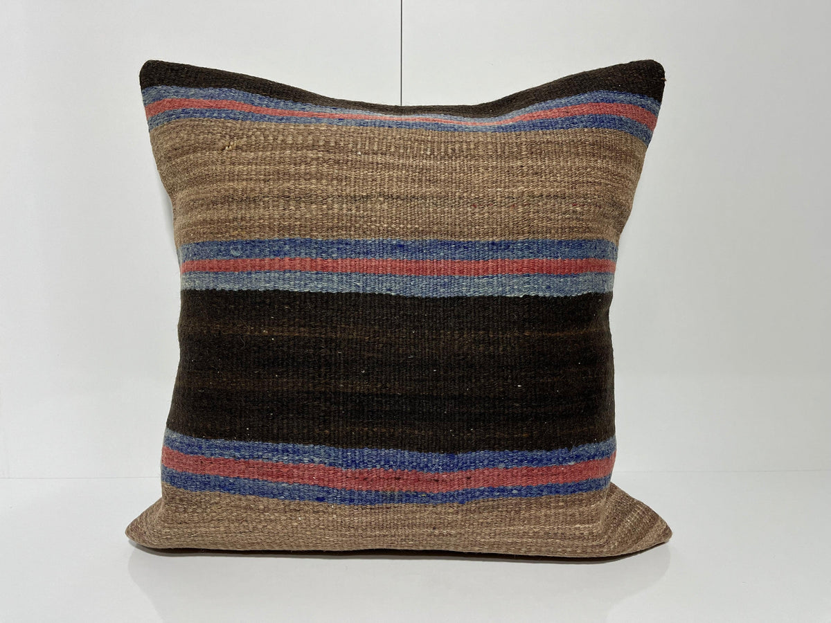 Brown kilim pillow with striped design, handmade in Turkey – EE00296.