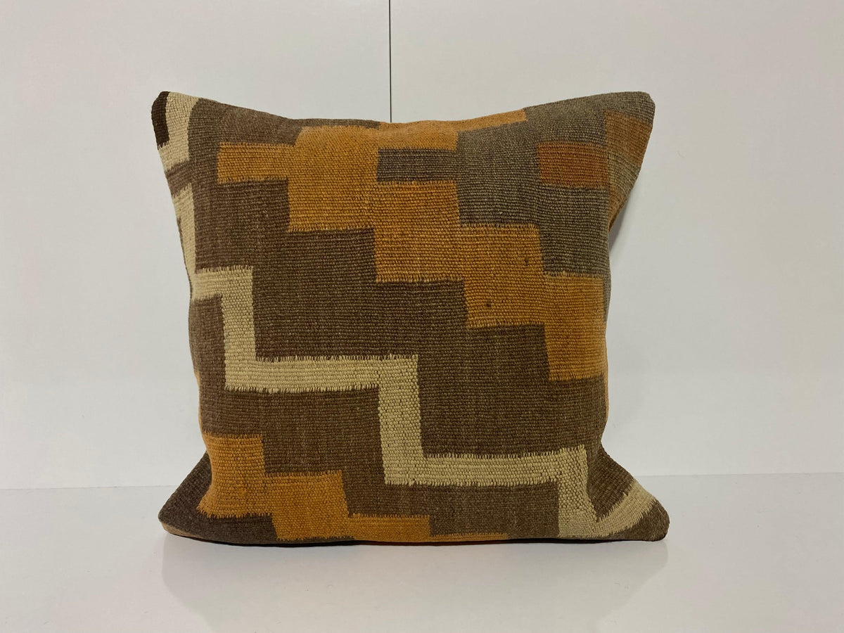 Brown kilim pillow with geometric design, handmade in Turkey – KK00164.
