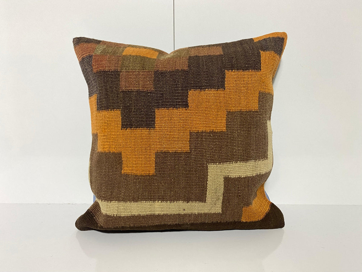 Brown kilim pillow with geometric design, handmade in Turkey – KK00165.