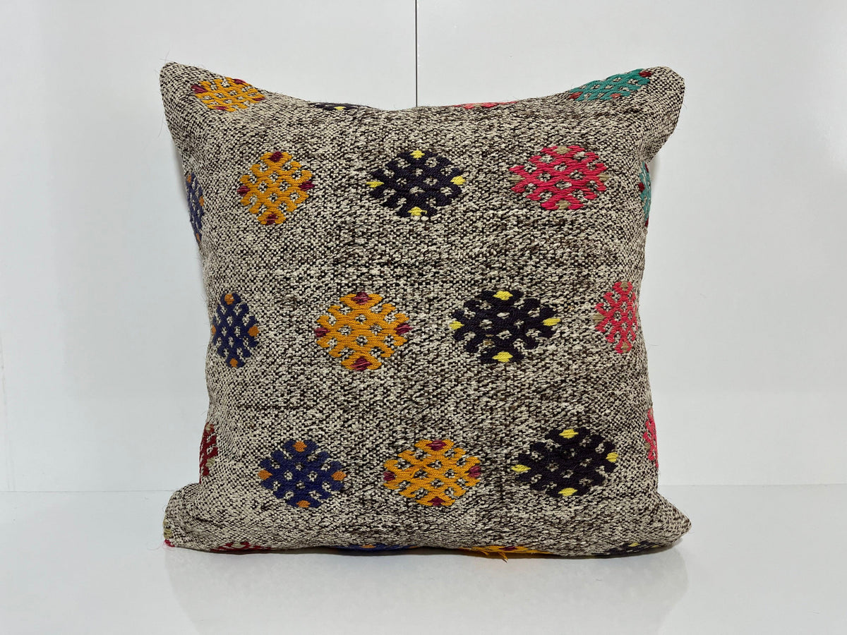 Gray kilim pillow with traditional design, handmade in Turkey – EE00123.