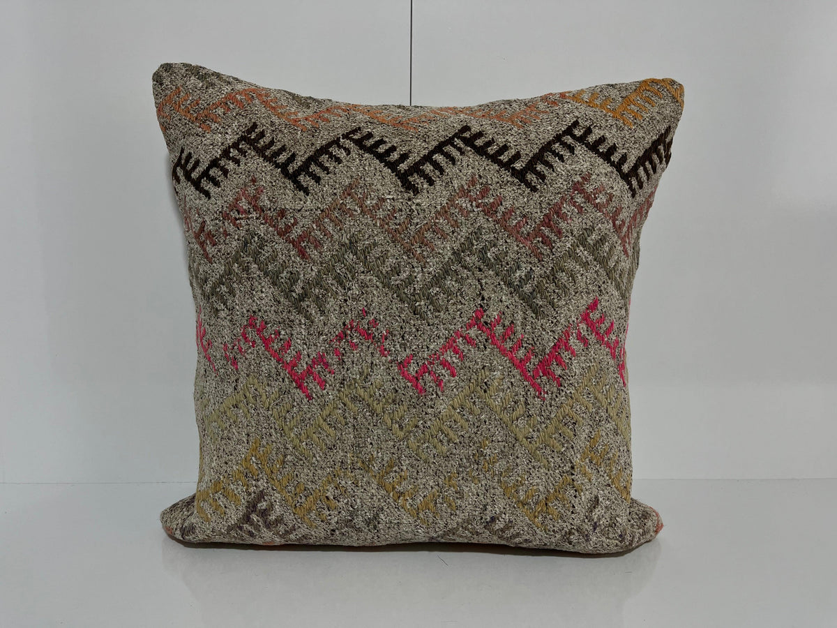 Gray kilim pillow with traditional design, handmade in Turkey – EE00128.