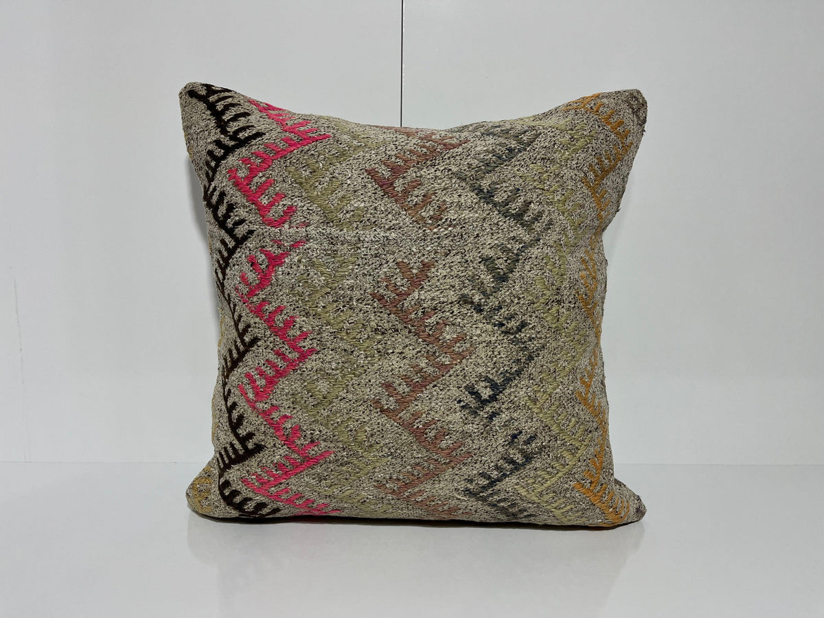 Gray kilim pillow with traditional design, handmade in Turkey – EE00174.