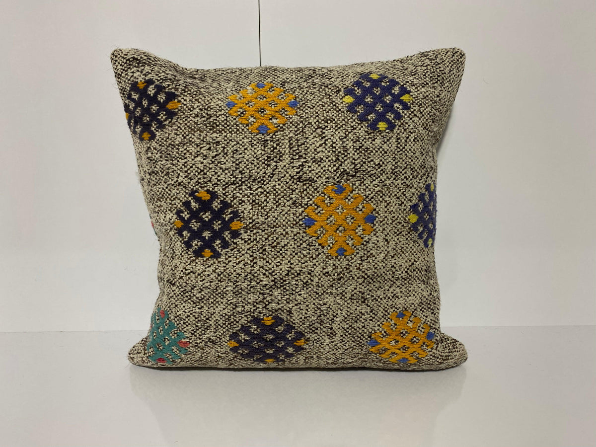 Gray kilim pillow with traditional design, handmade in Turkey – KK00239.