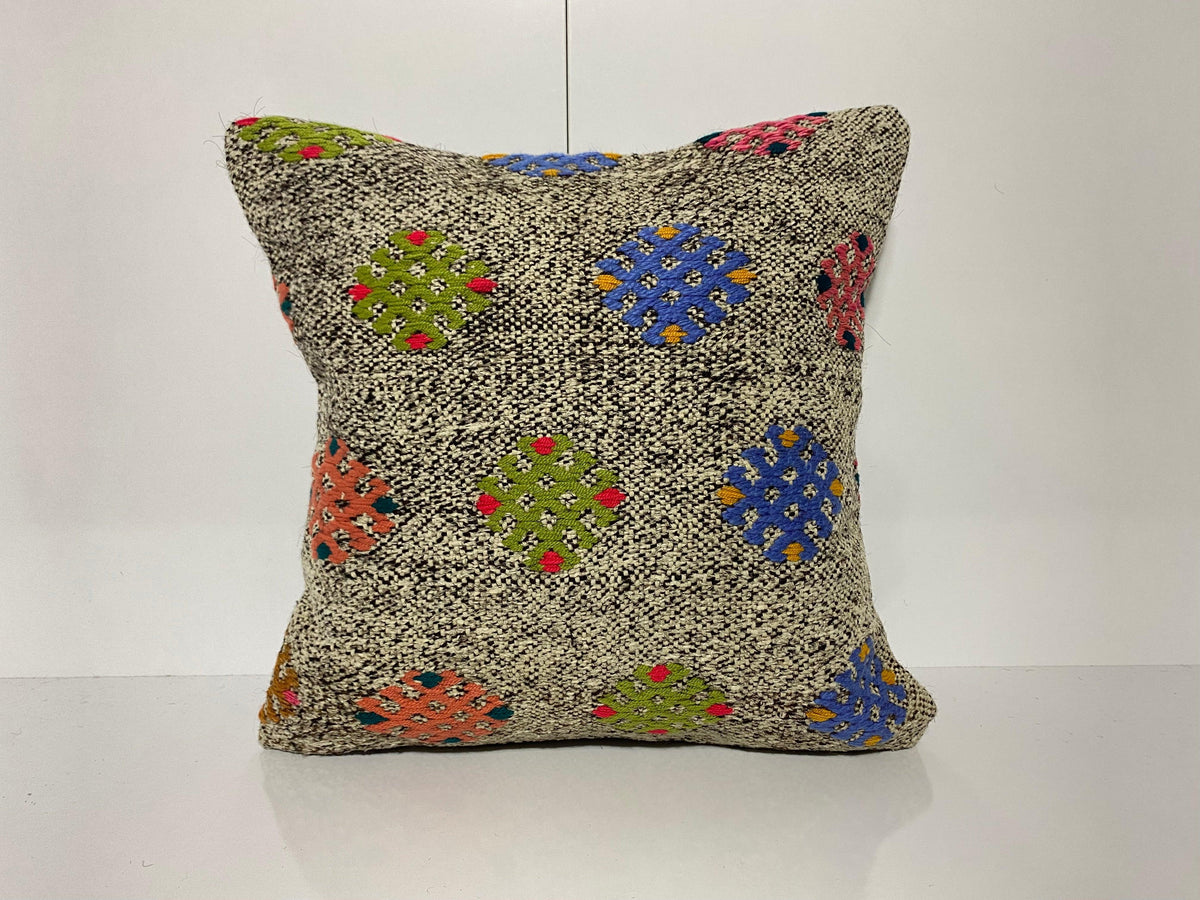 Gray kilim pillow with traditional design, handmade in Turkey – KK00258.