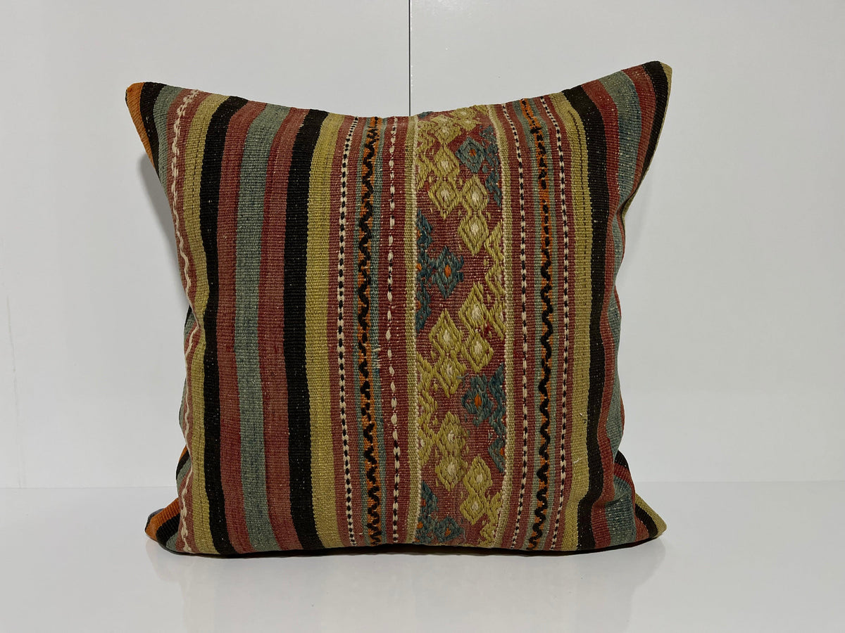 Green kilim pillow with striped design, handmade in Turkey – EE00306.