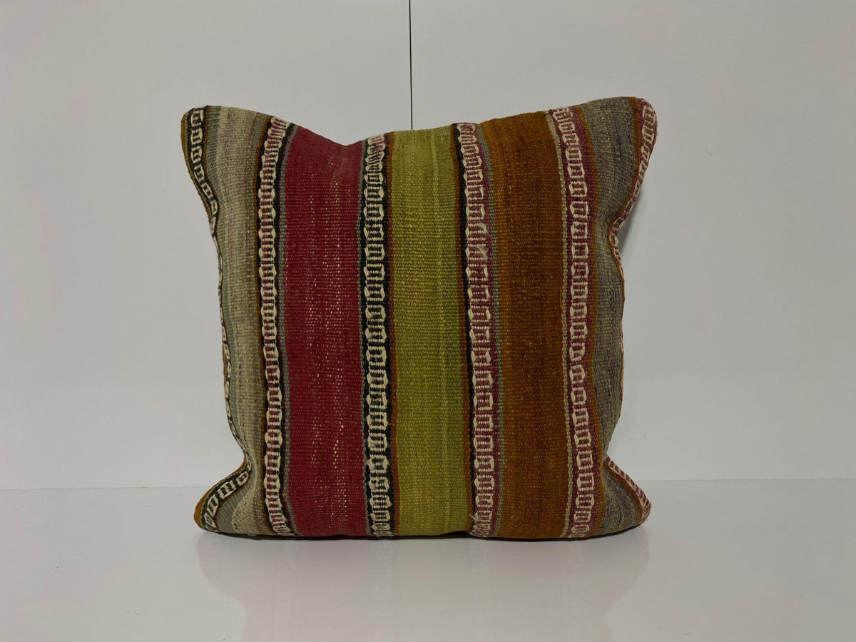 Green kilim pillow with traditional design, handmade in Turkey – KK00238.