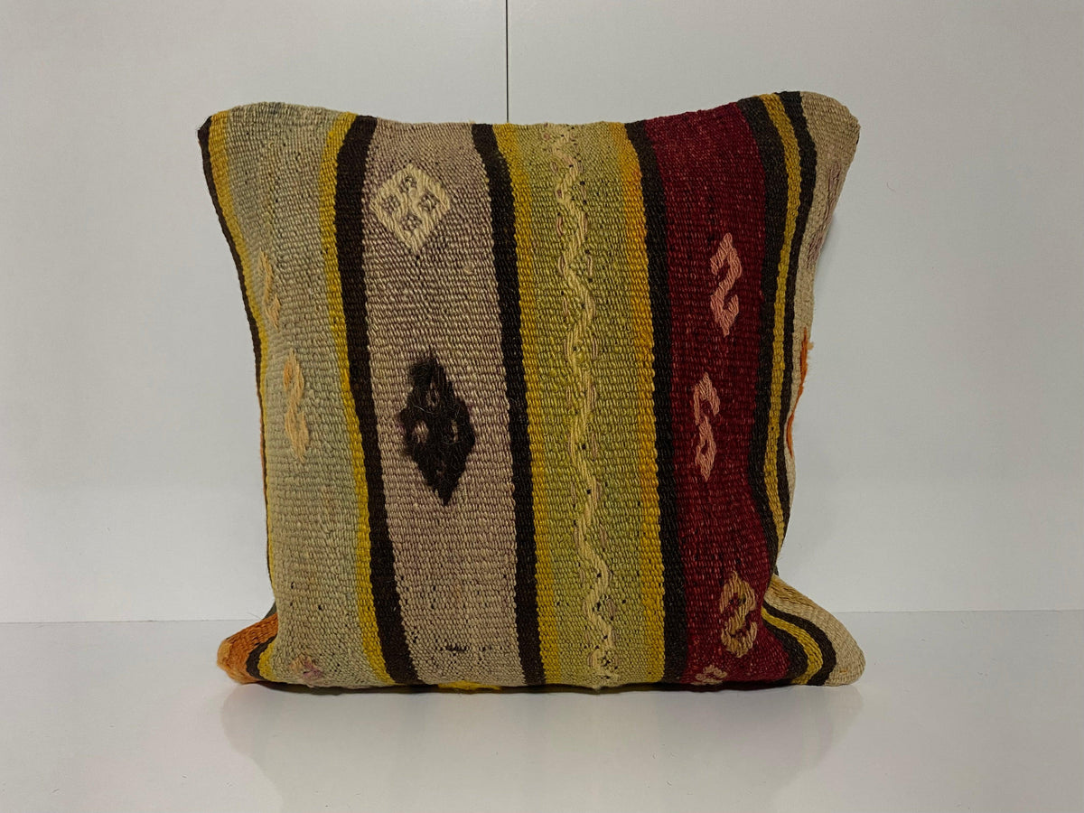 Green kilim pillow with traditional design, handmade in Turkey – KK00249.
