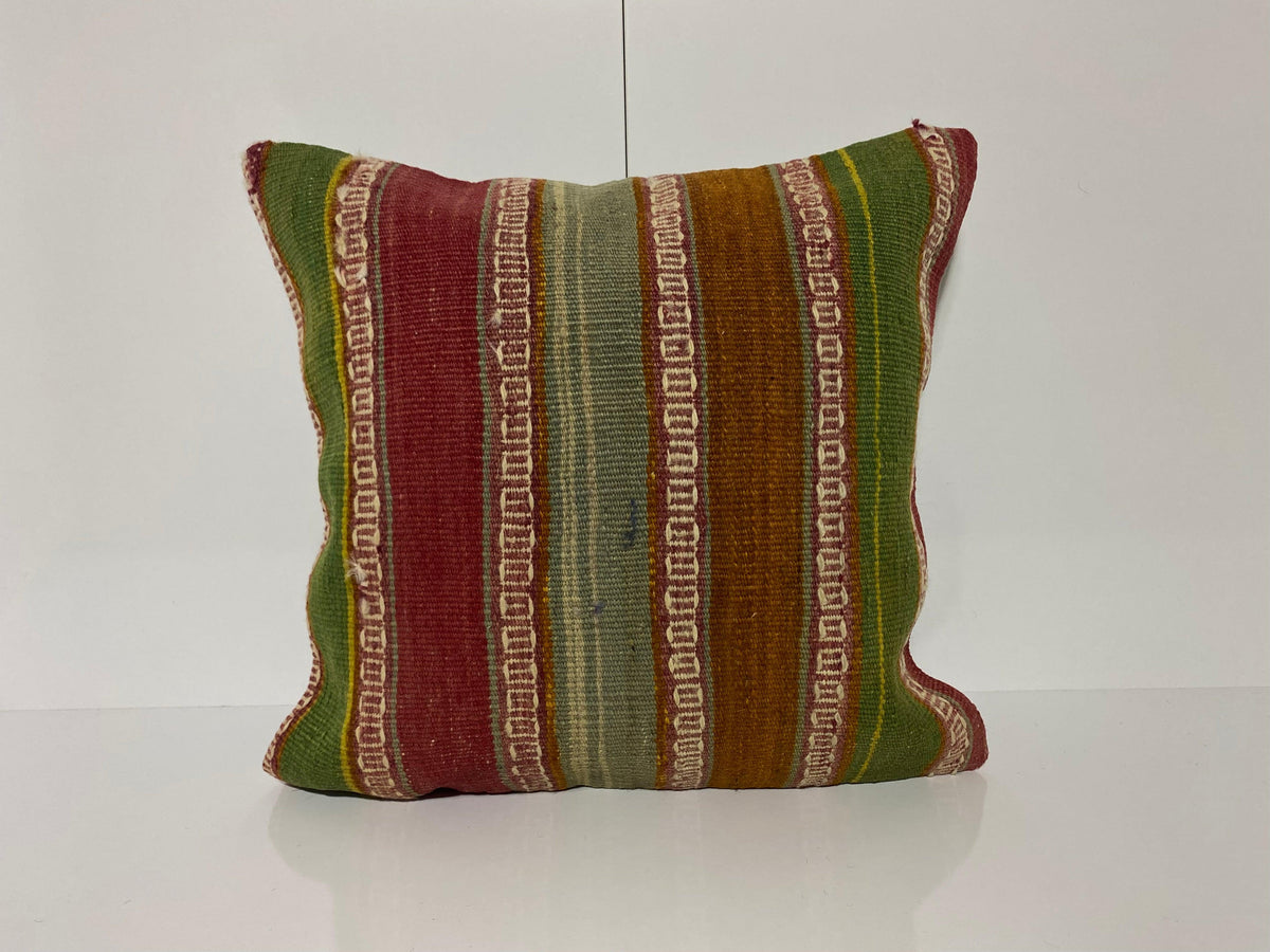 Green kilim pillow with striped design, handmade in Turkey – KK00250.