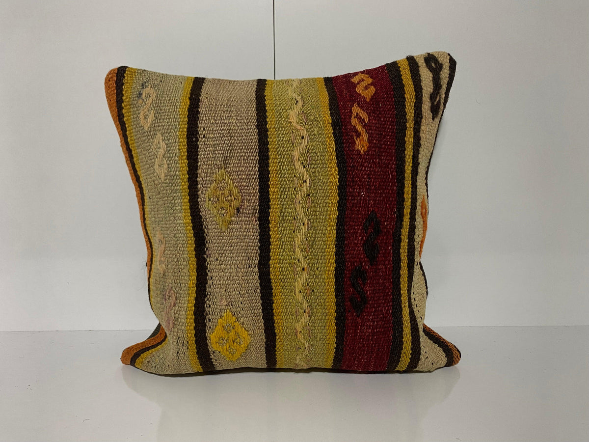 Green kilim pillow with traditional design, handmade in Turkey – KK00253.