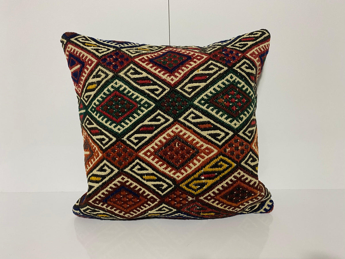 Green kilim pillow with geometric design, handmade in Turkey – KK00293.