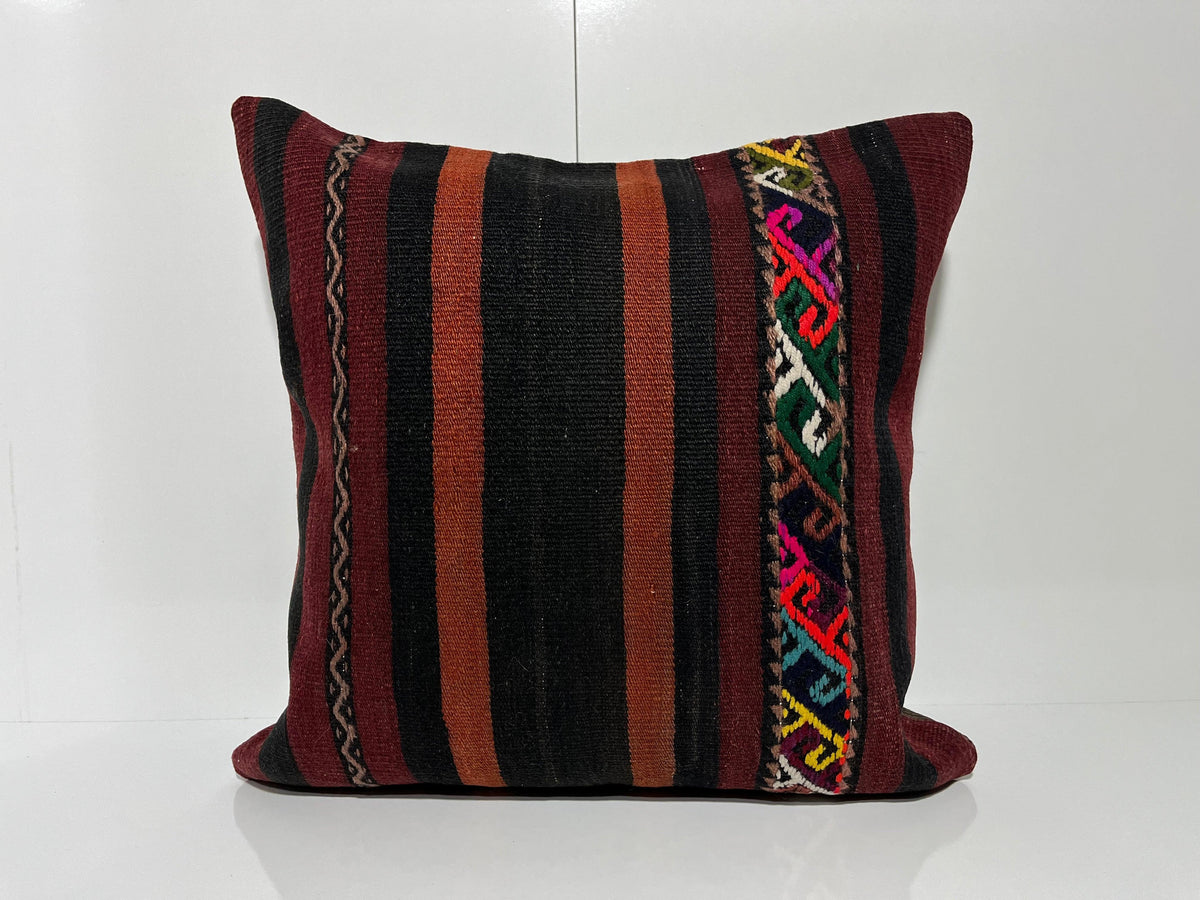 Red kilim pillow with striped design, handmade in Turkey – EE00121.