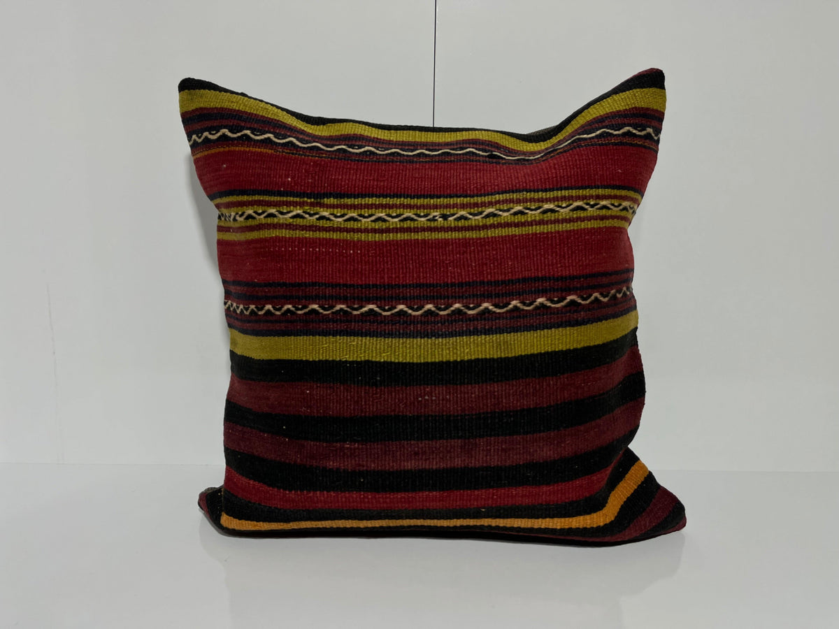 Red kilim pillow with striped design, handmade in Turkey – EE00231.
