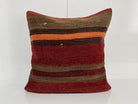 Red kilim pillow with striped design, handmade in Turkey – EE00325.