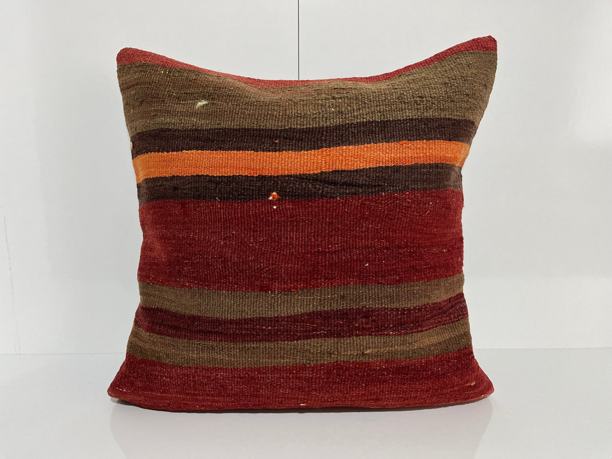 Red kilim pillow with striped design, handmade in Turkey – EE00325.
