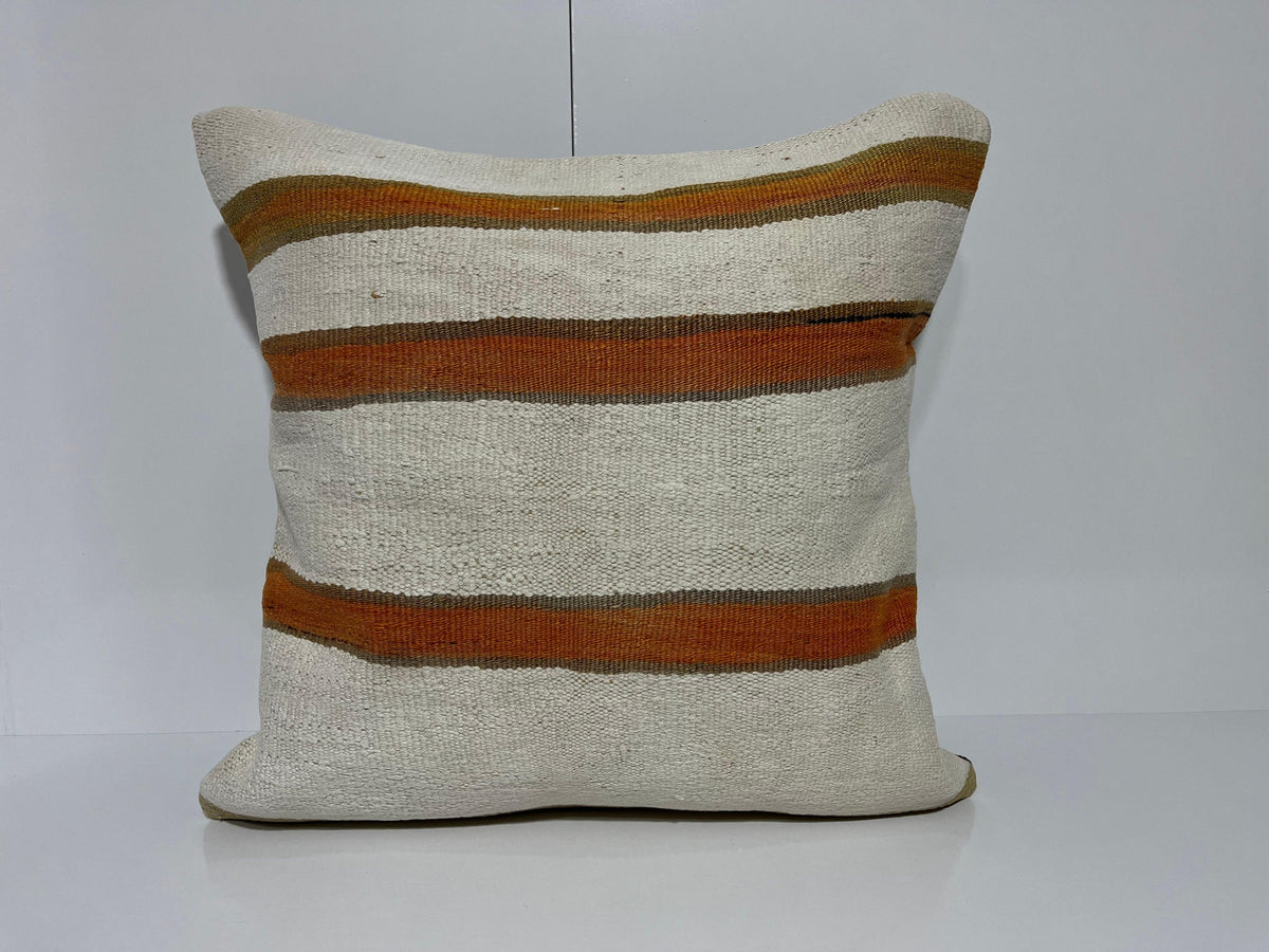 White kilim pillow with striped design, handmade in Turkey – EE00083.