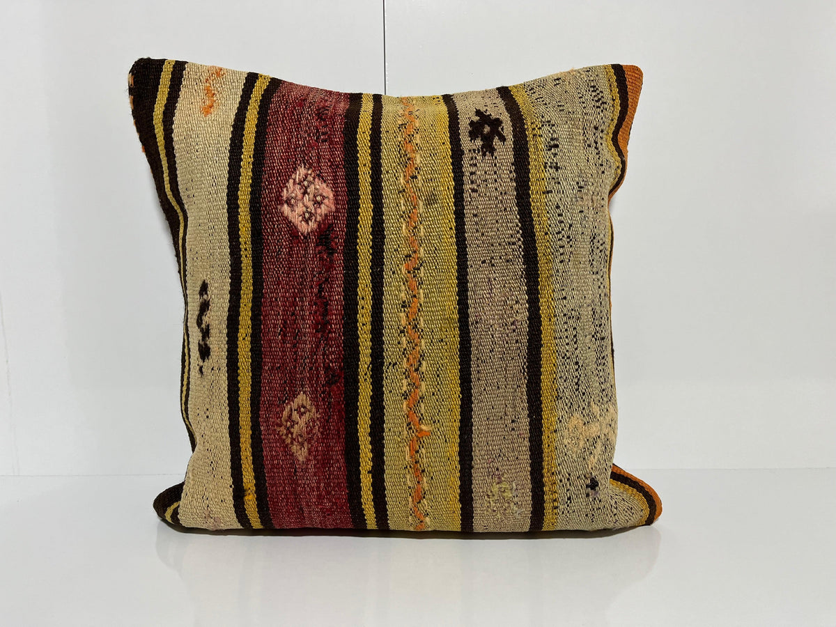 Yellow kilim pillow with striped design, handmade in Turkey – EE00092.