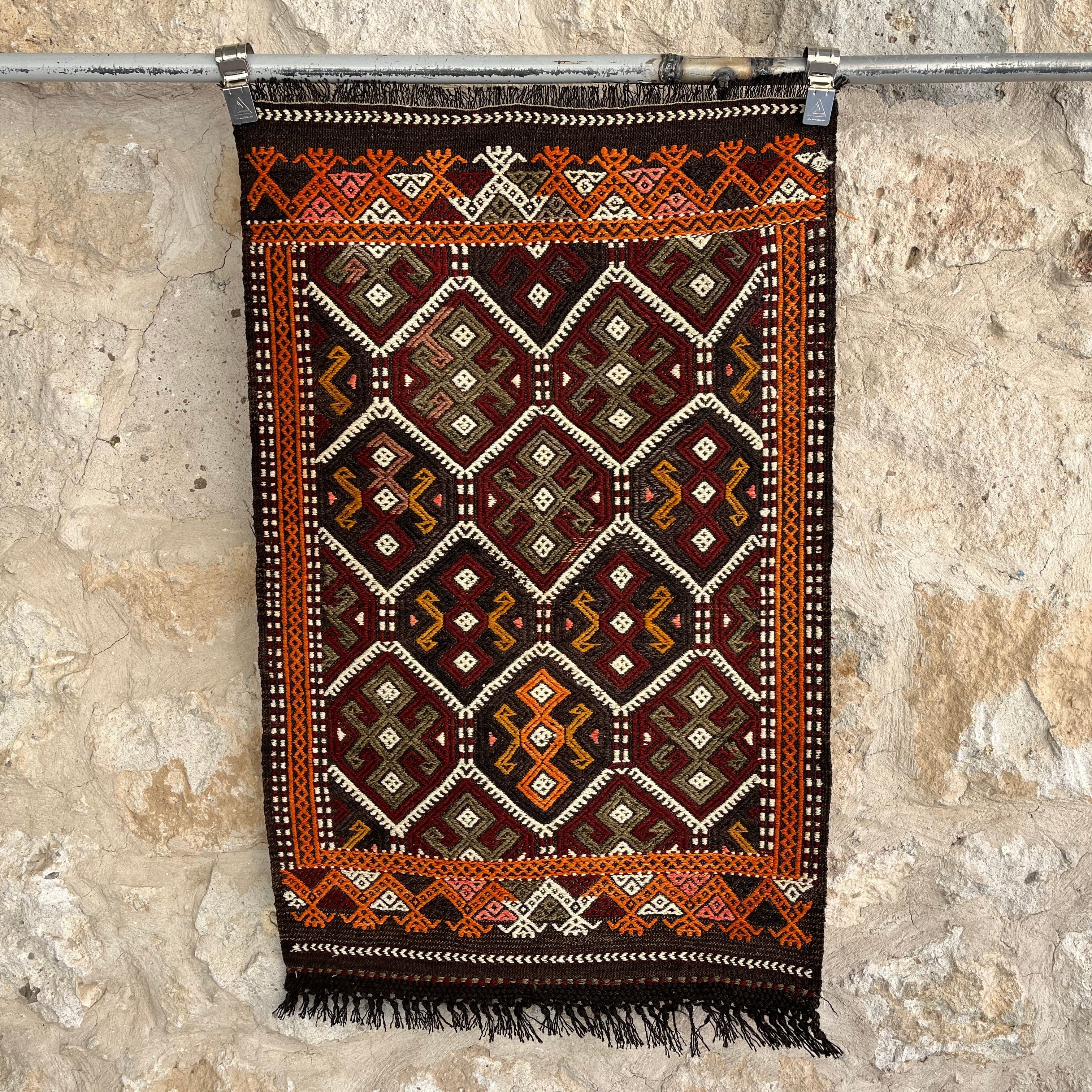 Orange 2' x 4' kilim rug with traditional design, handmade in Turkey – Mina.