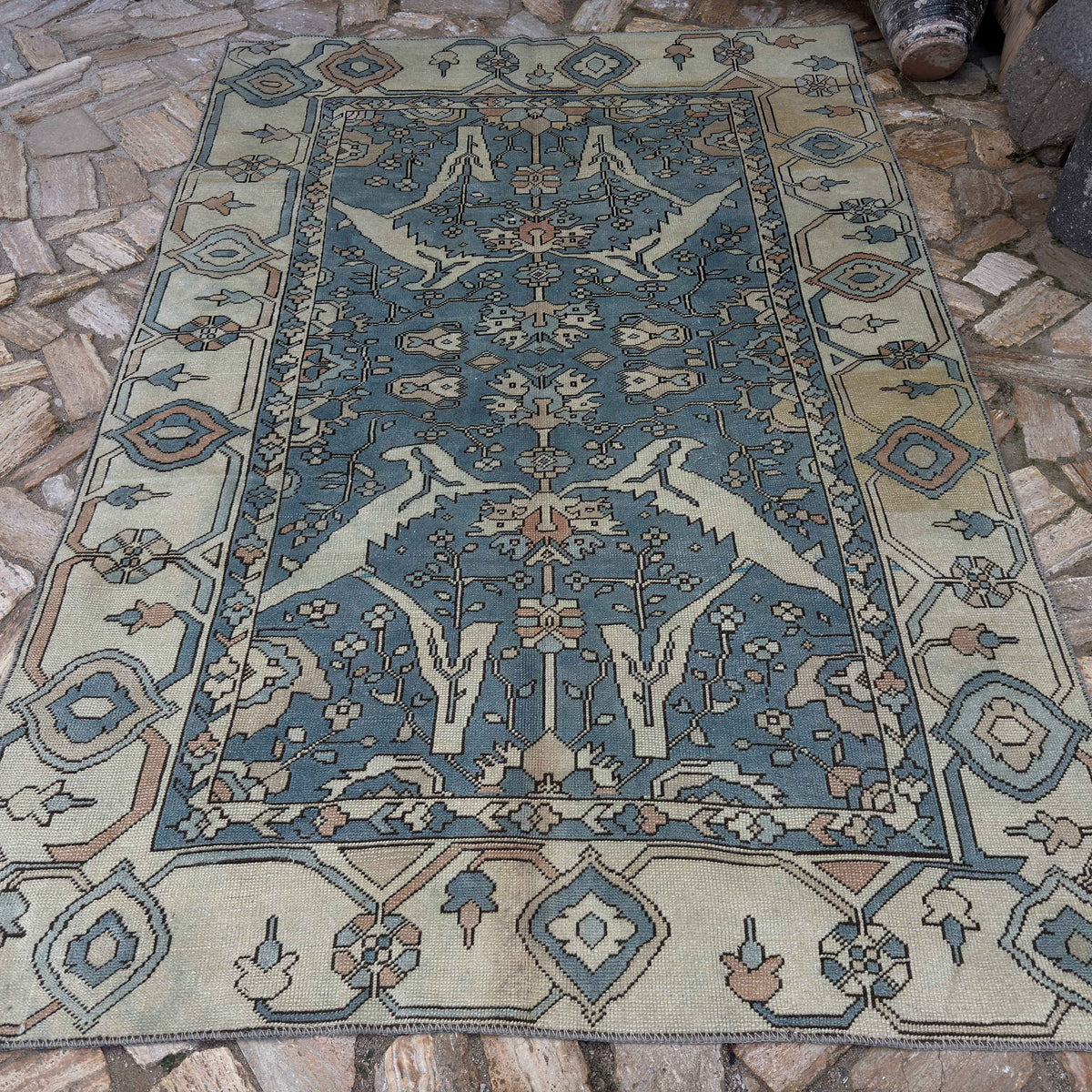 Pale Blue 6' x 9' Turkish large area rug in wool and cotton, shown on the floor.
