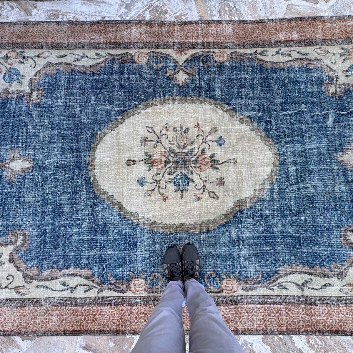 1970s blue Turkish large medallion rug with medallion design, hand-knotted weave and low pile.