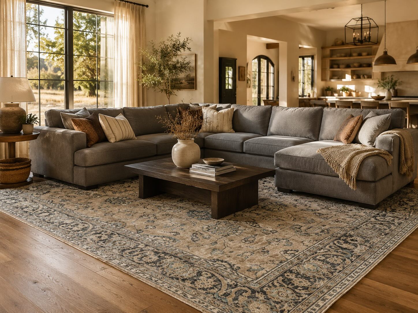Spacious open-plan American living room with a large gray L-shaped sectional sofa anchored by a beige and blue vintage Turkish rug, warm golden afternoon light