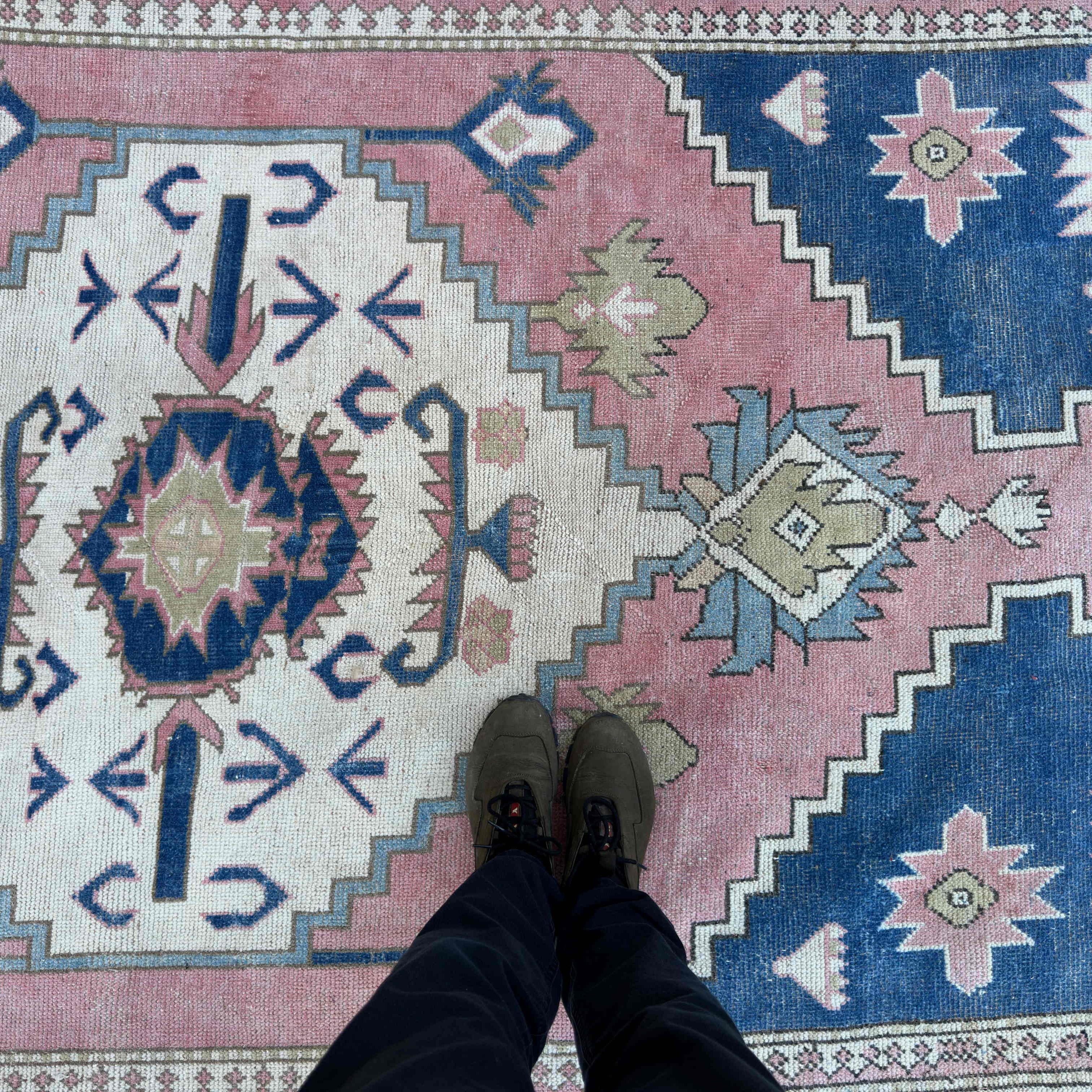 1970s blue large turkish rug with traditional design, hand-knotted weave and low pile.