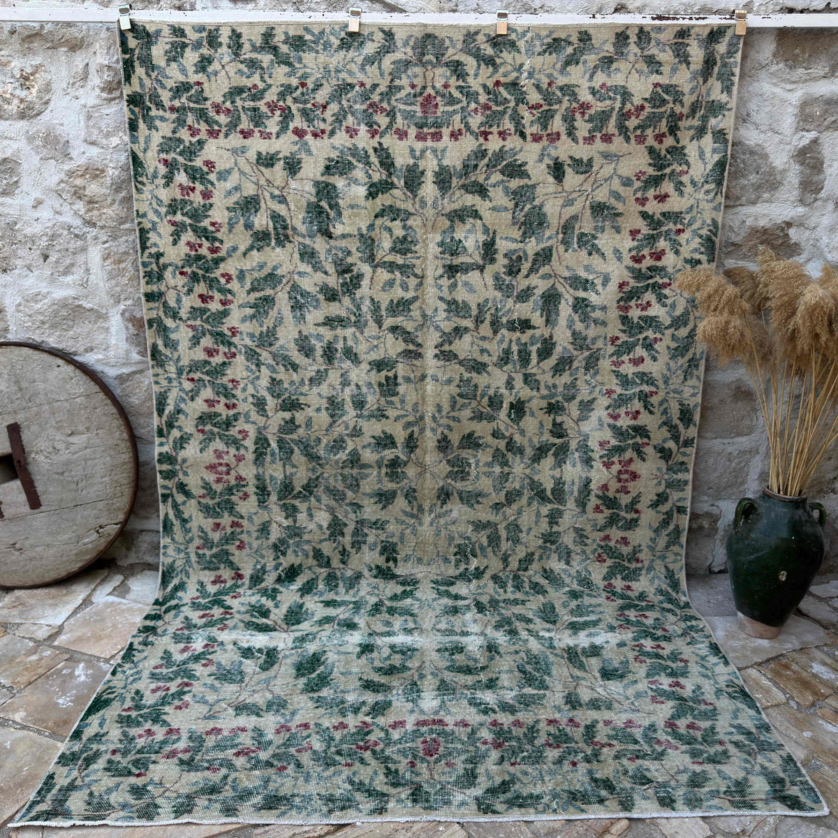 Green 7' x 10' large turkish rug with floral design, handmade in Turkey – Hailey.