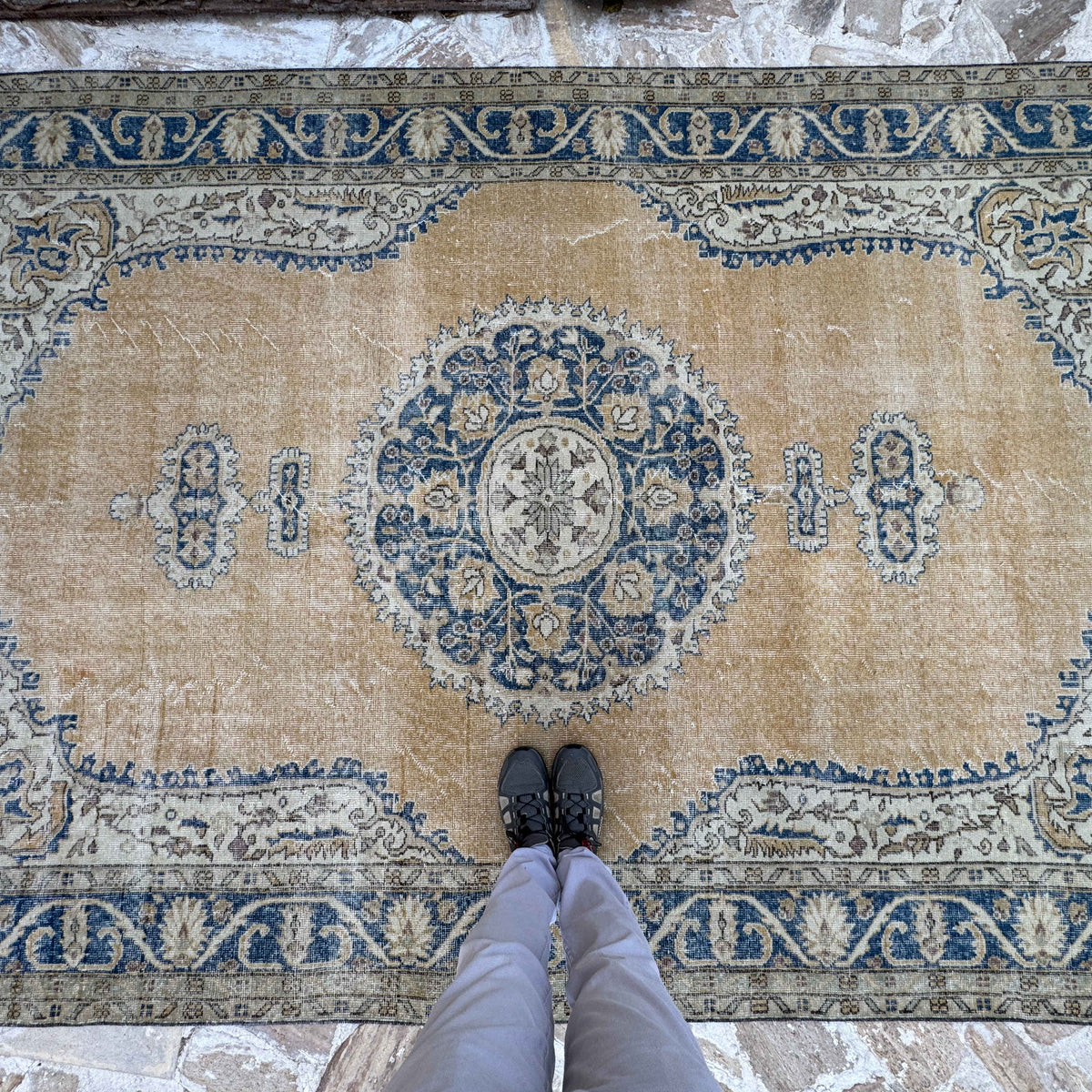 1970s blue large turkish rug with medallion design, hand-knotted weave and low pile.