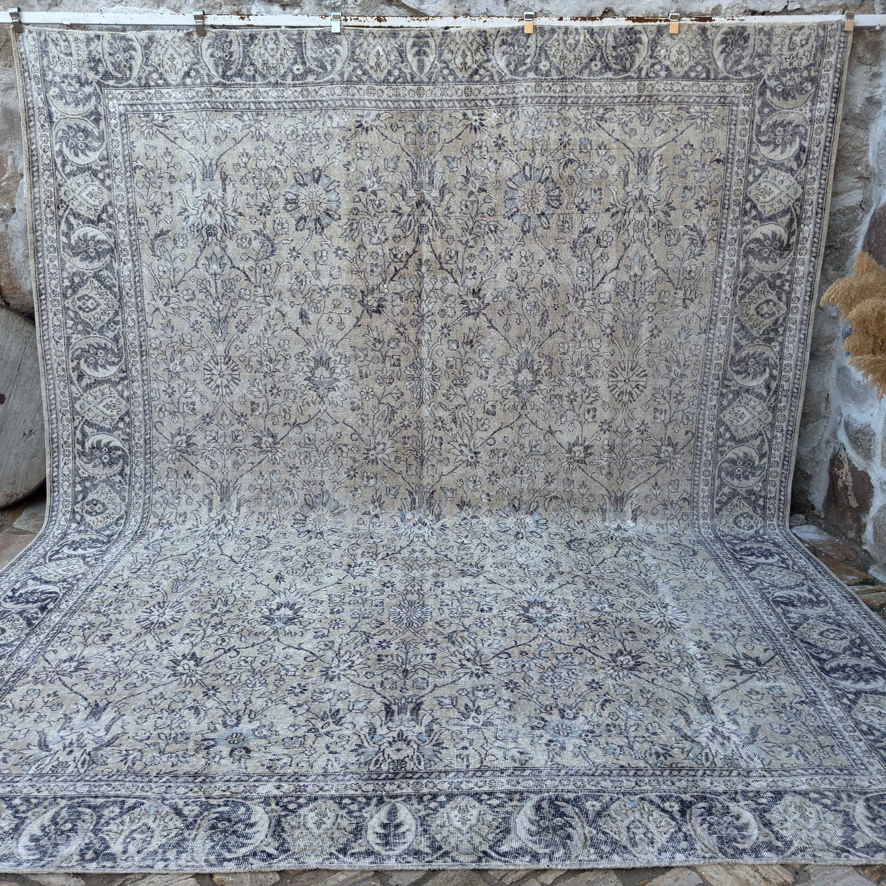 Pale Blue 11' x 13' large vintage floral rug with neutral and floral design, handmade in Turkey – Doane.