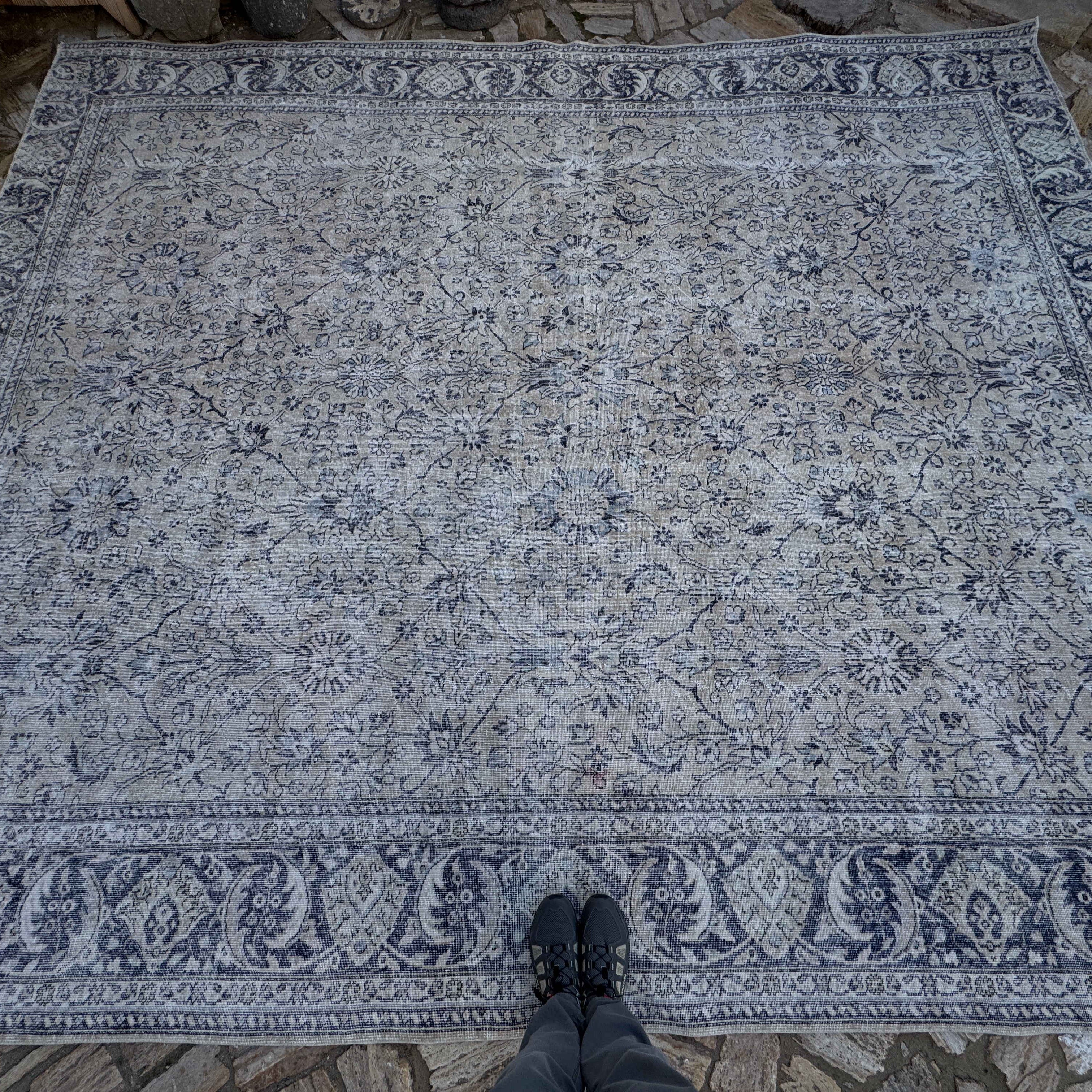 1970s pale blue Turkish large vintage floral rug with neutral and floral design, hand-knotted weave and low pile.
