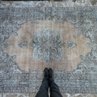 1970s blue Turkish large vintage geometric rug with medallion design, hand-knotted weave and low pile.