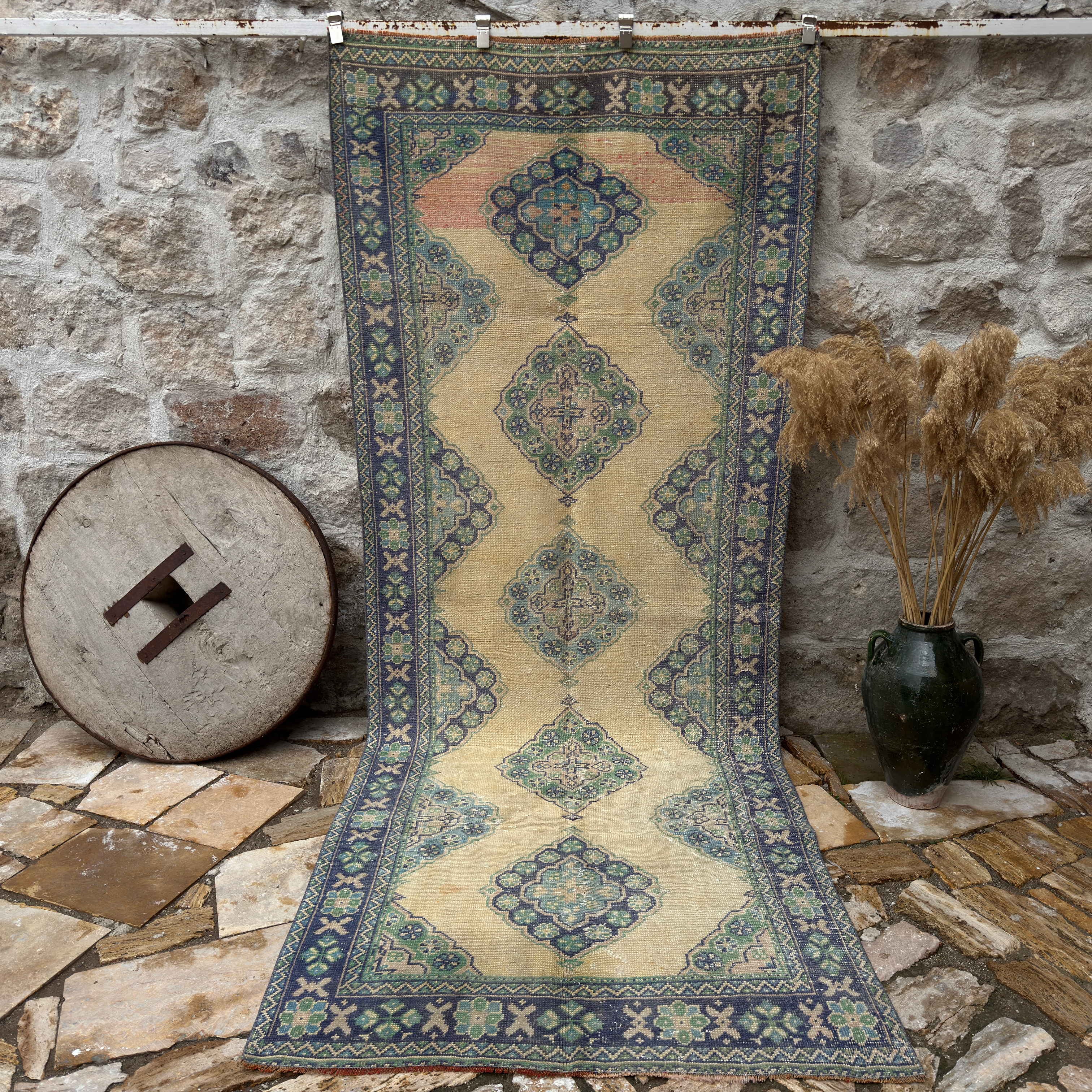 Pale Blue 4' x 11' large vintage rug with traditional design, handmade in Turkey – Stephen.