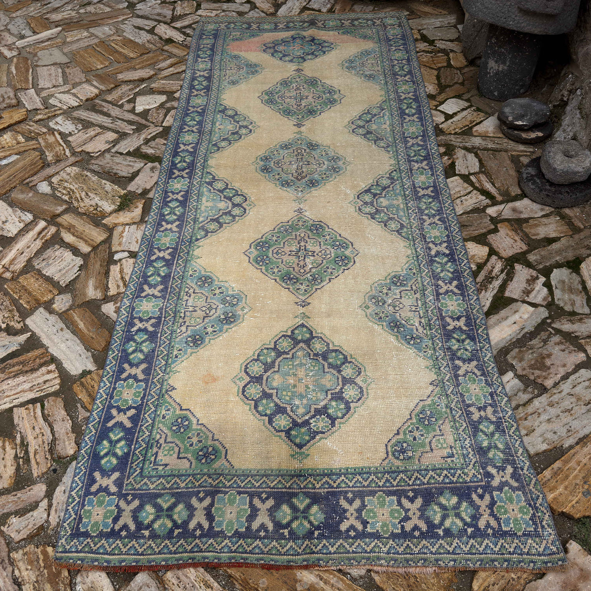 Pale Blue 4' x 11' Turkish large vintage rug in wool and cotton, shown on the floor.