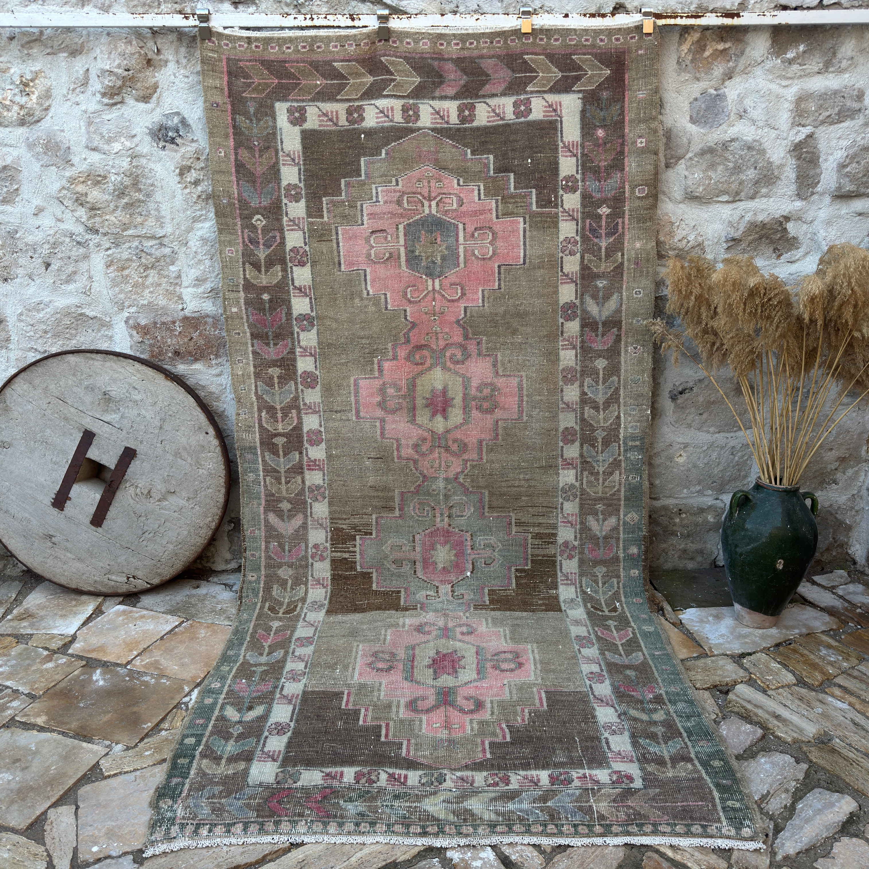 Pale Pink 5' x 10' large vintage rug with traditional design, handmade in Turkey – Aisha.