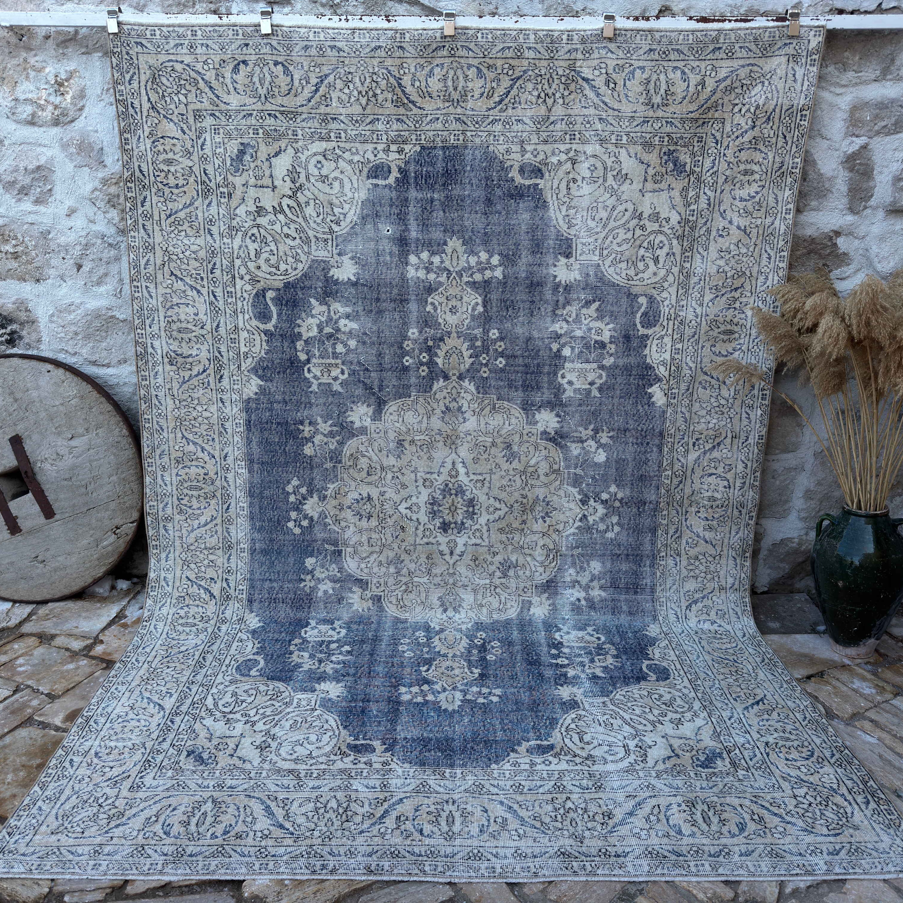 Blue 8' x 11' large vintage rug with medallion and neutral design, handmade in Turkey – Fox.