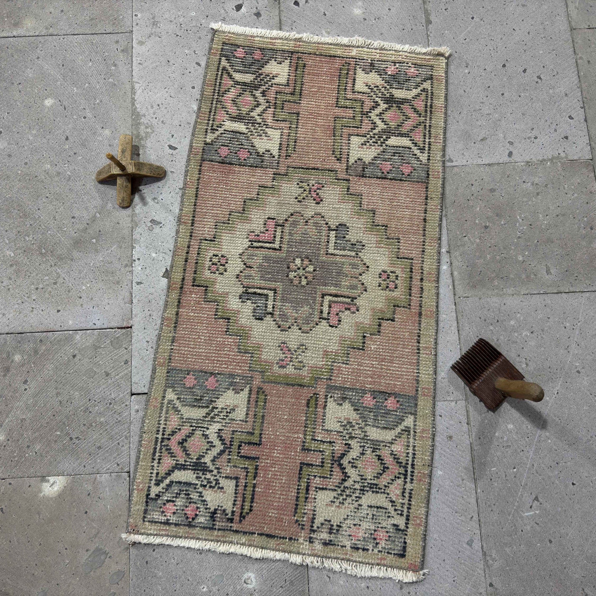 Pink 2' x 3' mini vintage rug with traditional design, handmade in Turkey – Patty.