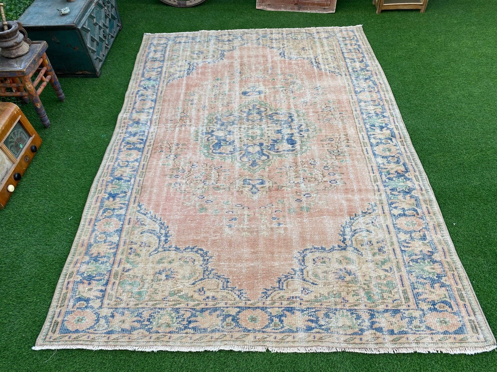 muted oushak rug, pink and blue hand knotted turkish carpet, size 6' x 8'3'' feet, #TR5260