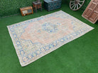 muted oushak rug, pink and blue hand knotted turkish carpet, size 6' x 8'3'' feet, #TR5260