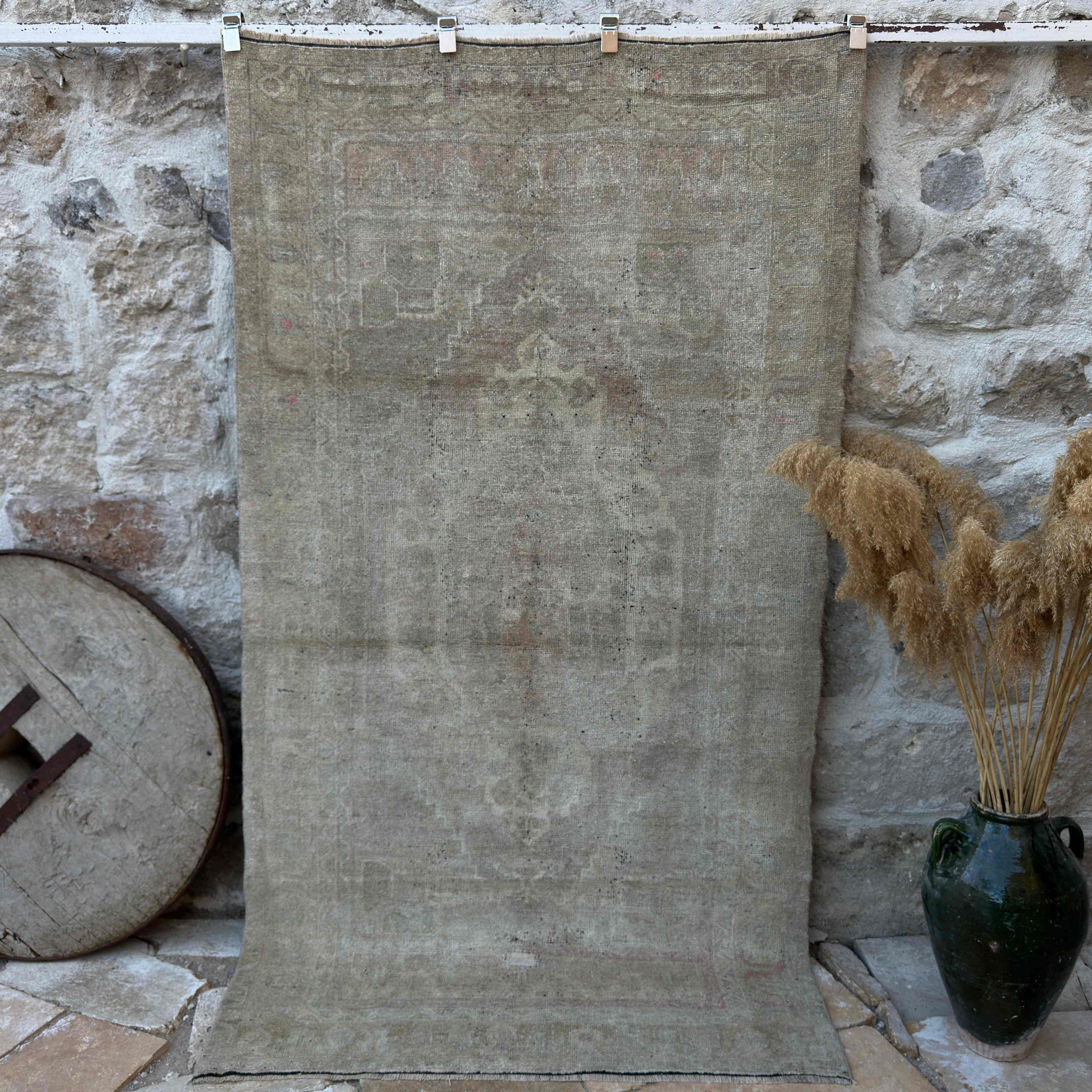 Beige 4' x 8' muted vintage rug with neutral design, handmade in Turkey – Jonas.