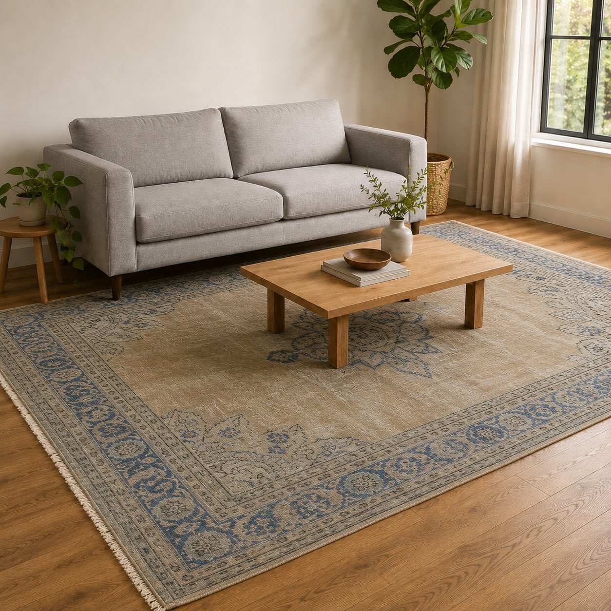 Navy blue vintage medallion rug paired with a light gray sofa, adding structured contrast to the living room
