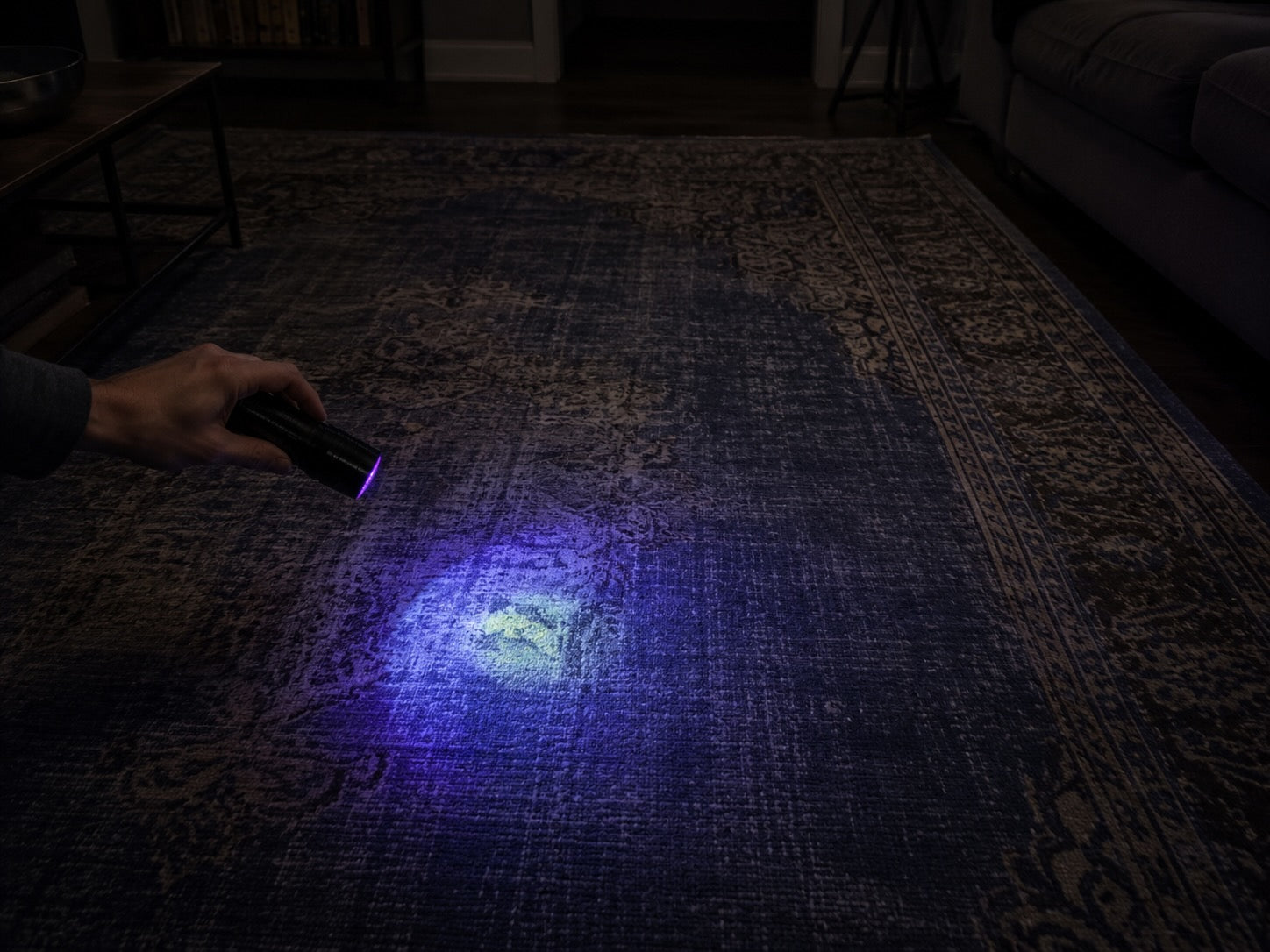 UV blacklight flashlight revealing hidden pet urine stain glowing yellow-green on vintage area rug in dark room — Kirmen Rugs