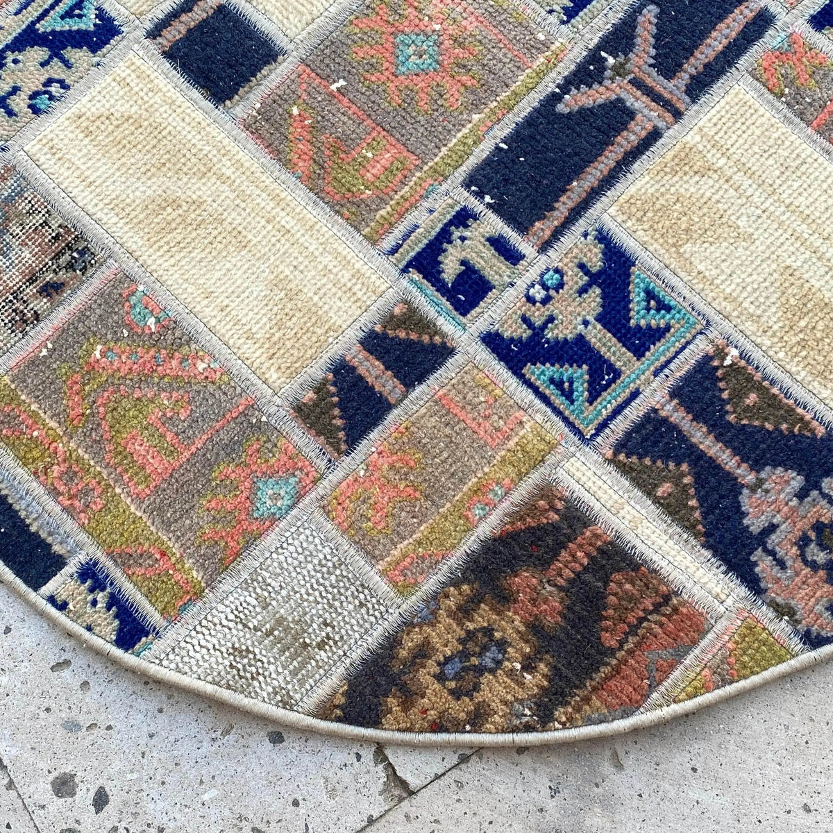 Beige 3' x 3' Turkish oriental wool rug in wool and cotton, shown on the floor.